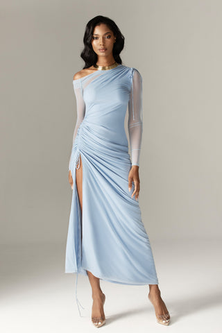 long sleeve cut out maxi dress Dua Organza Ruched Mesh Long Sleeve Cut Out Maxi Dress (Soft Blue)