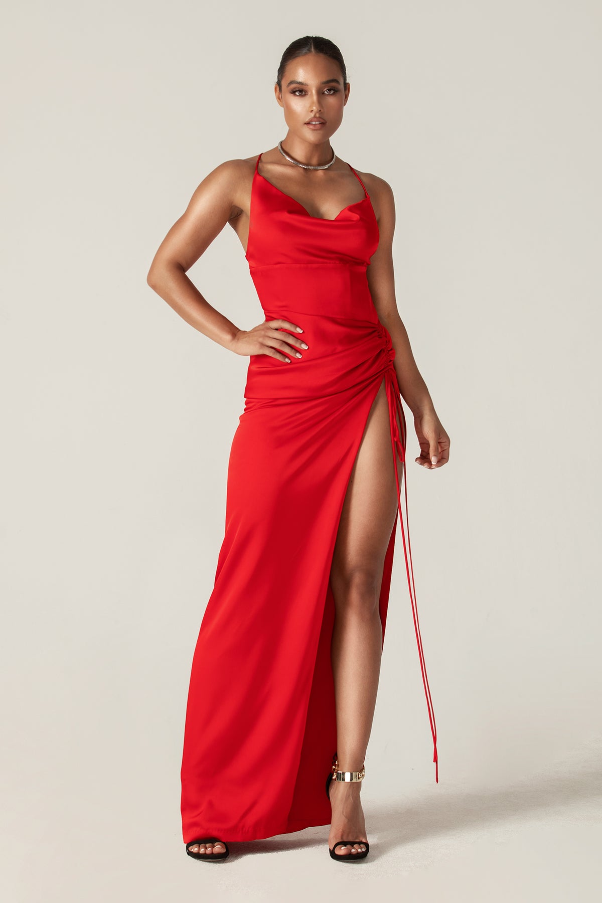 Reva Red Reva Cowl Neckline Sheath Backless Maxi Dress (Red)