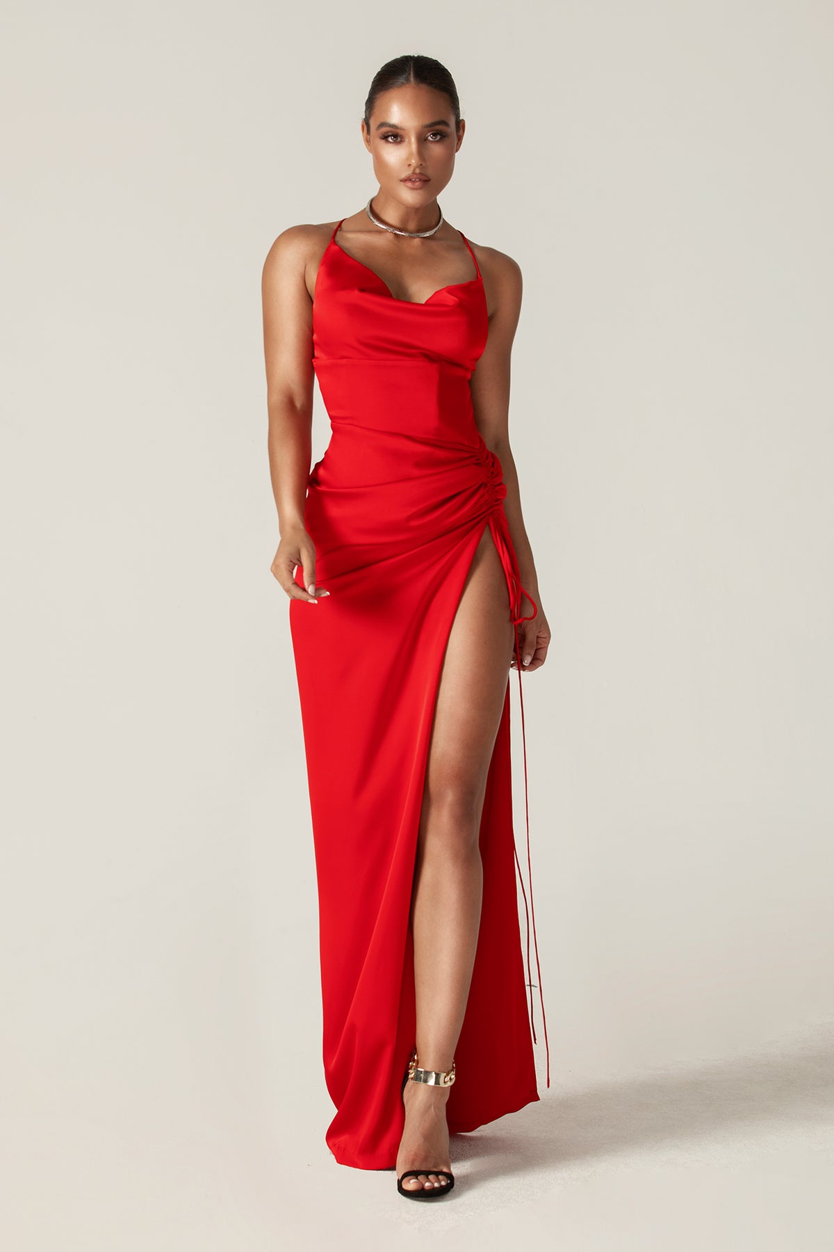 Reva Red Reva Cowl Neckline Sheath Backless Maxi Dress (Red)