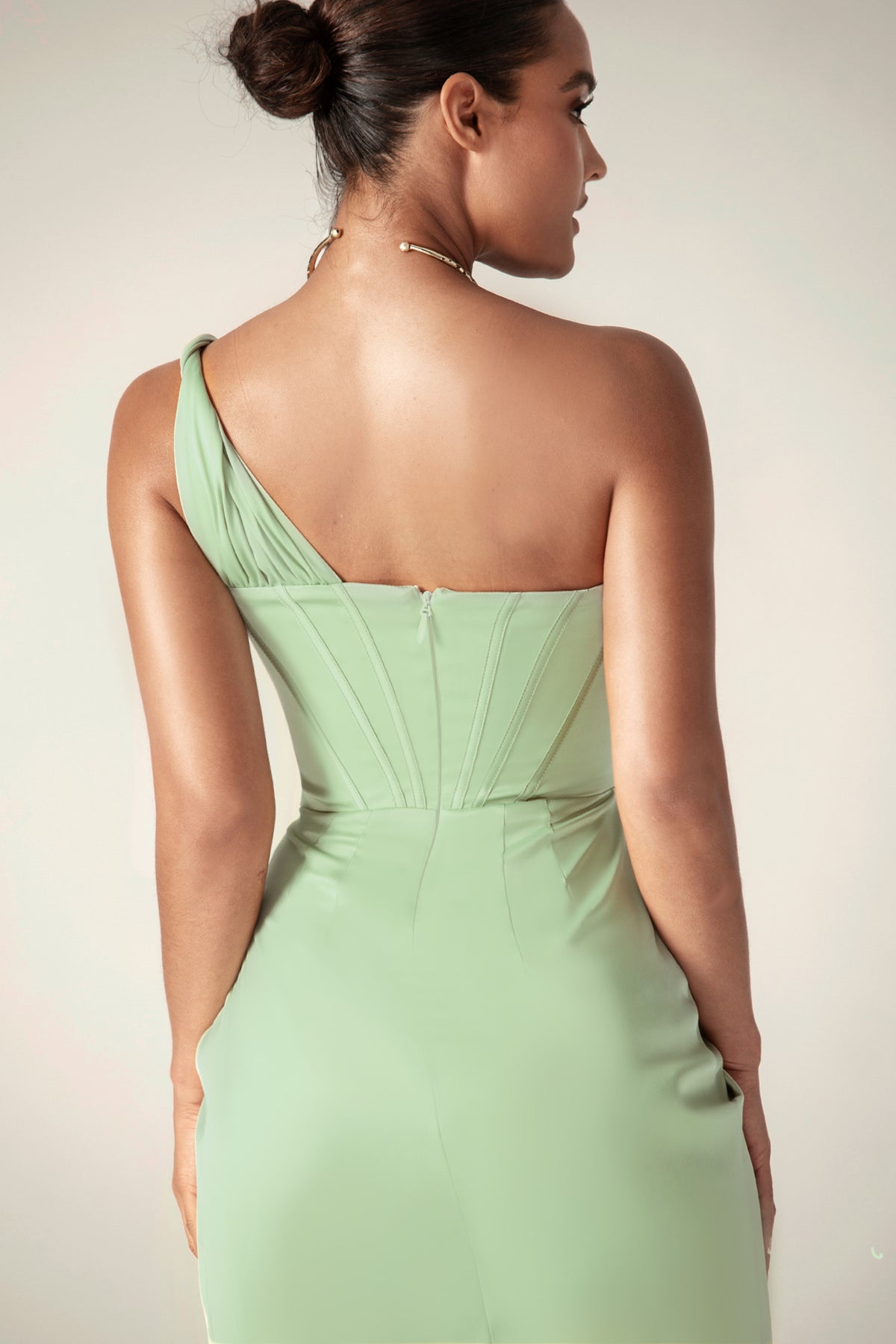 Harper Corset Satin Midi Dress (Sage Green)